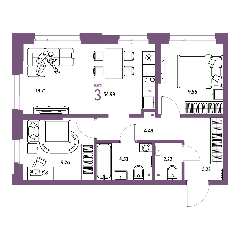 Планировка: Домашний 3-комнатная 54,99м²