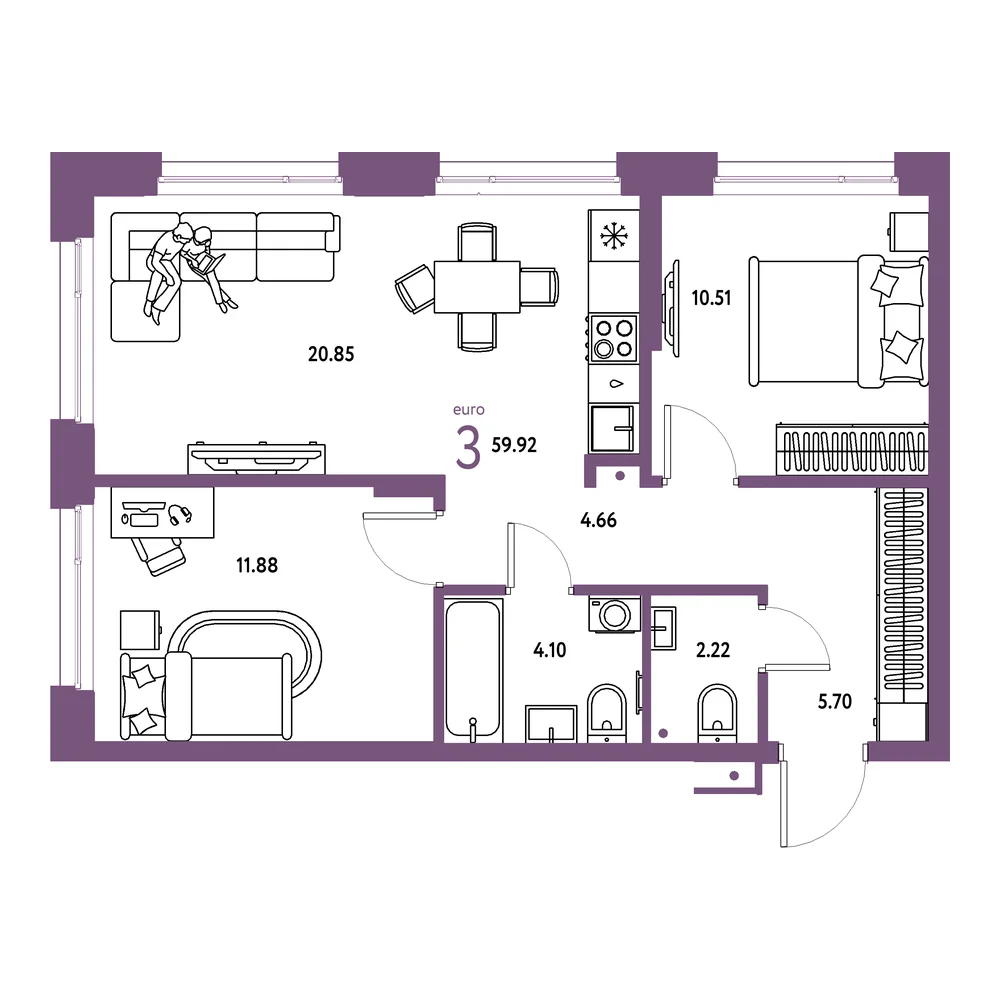 Планировка: Домашний 3-комнатная 59,92м²