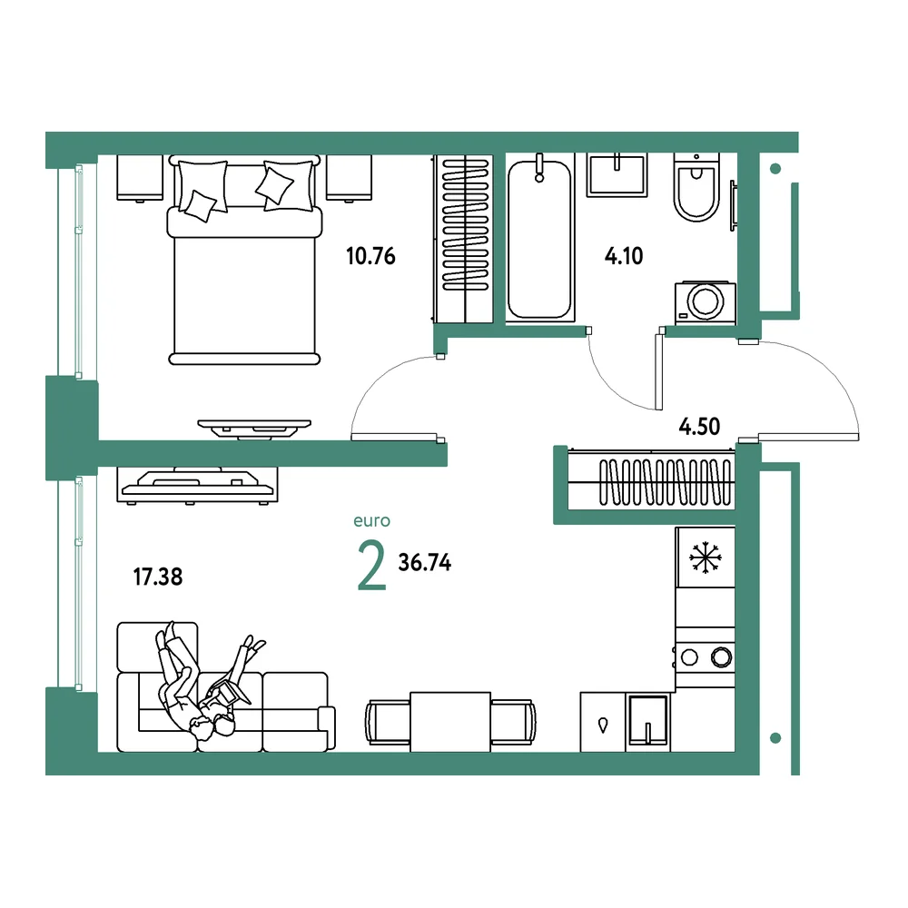 Планировка: Домашний 2-комнатная 36,74м²