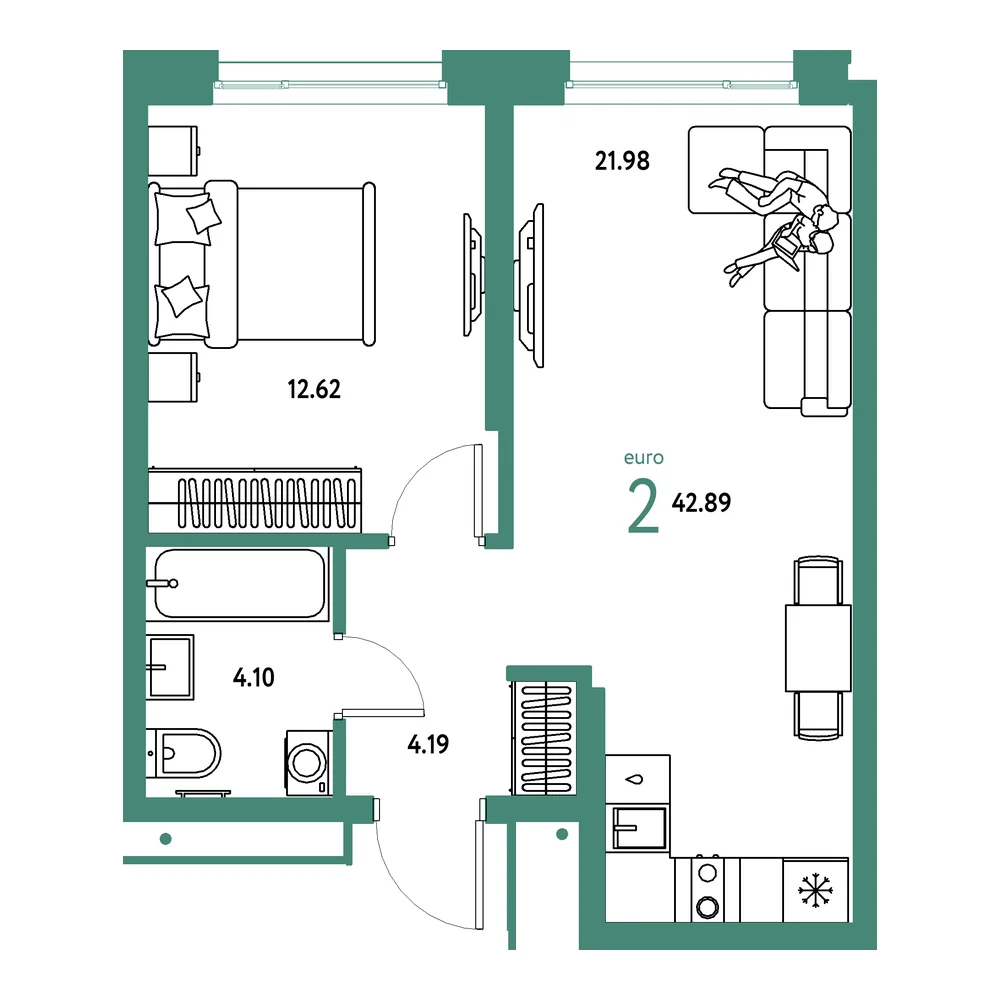 Планировка: Домашний 2-комнатная 42,89м²