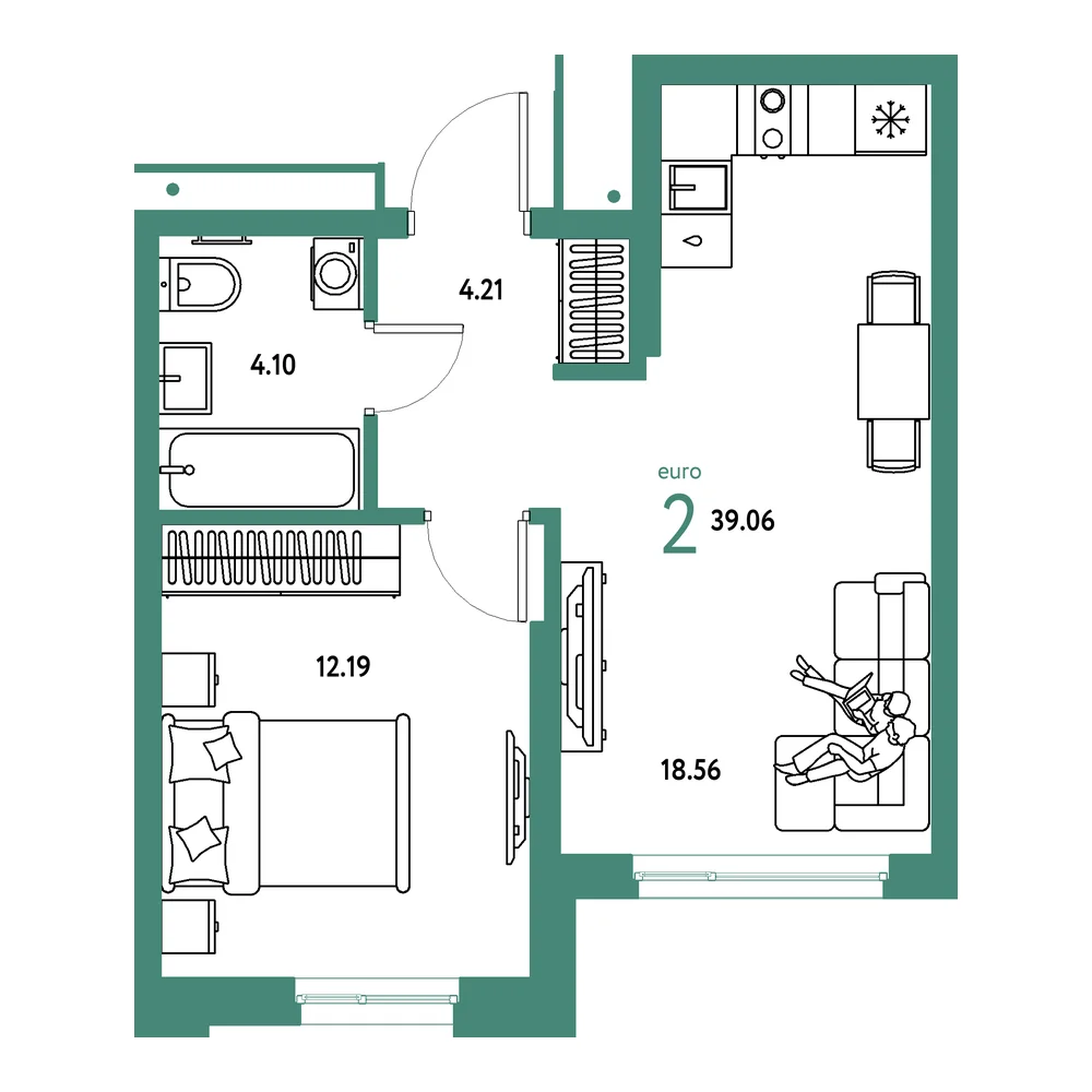 Планировка: Домашний 2-комнатная 39,06м²