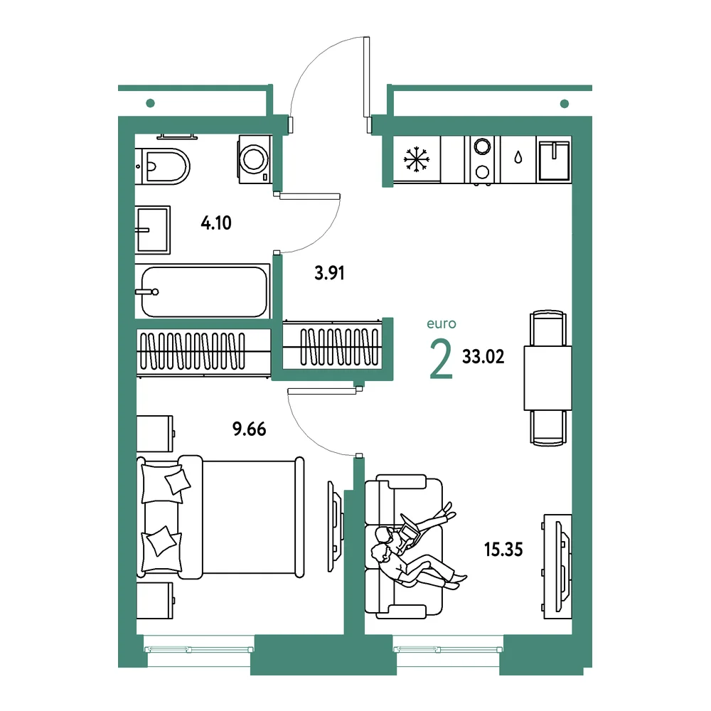 Планировка: Домашний 2-комнатная 33,02м²