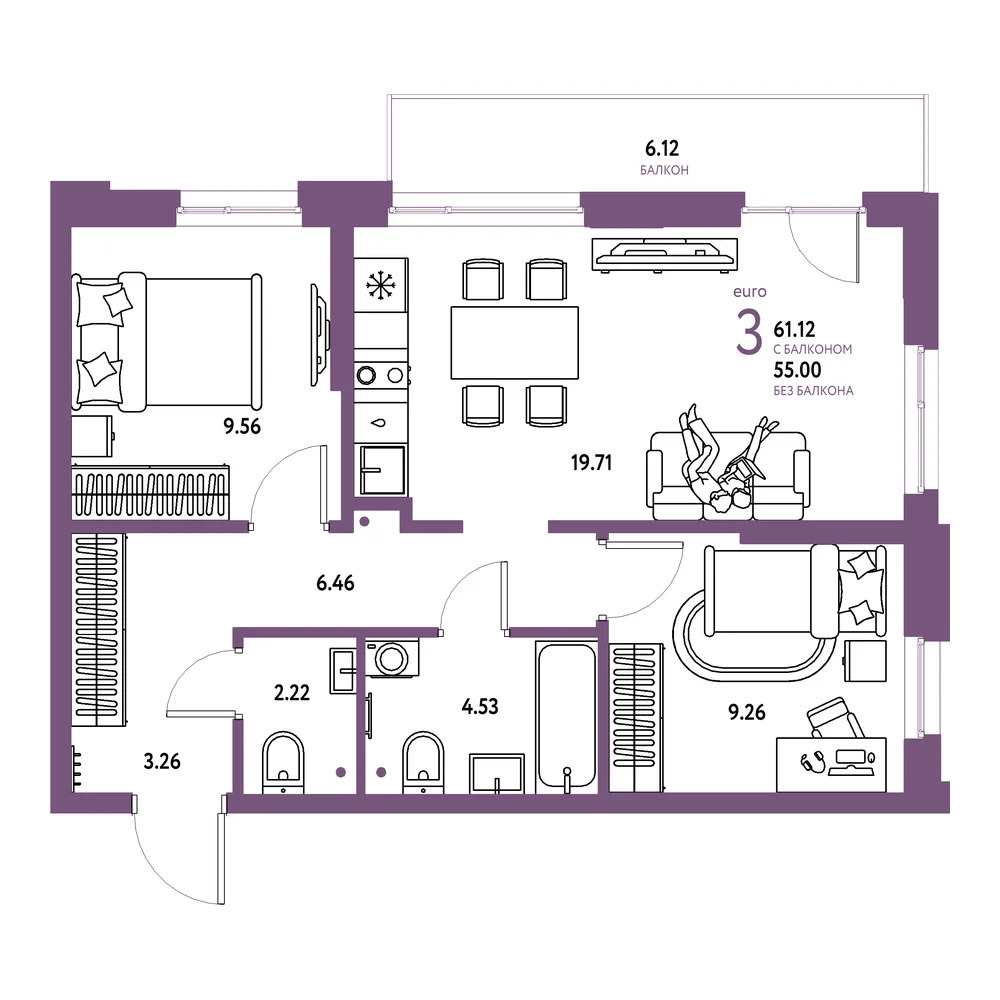 Планировка: Домашний 3-комнатная 61,12м²