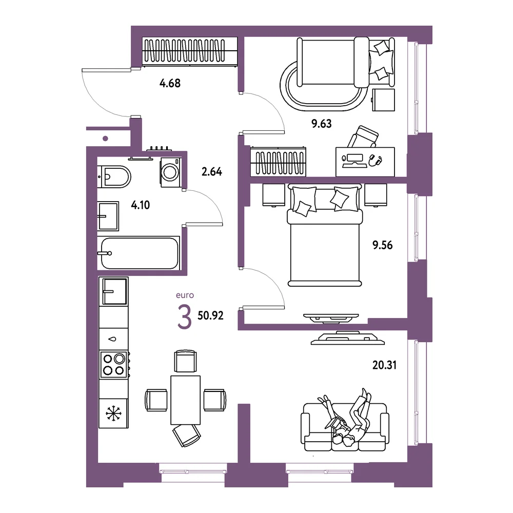Планировка: Домашний 3-комнатная 50,92м²