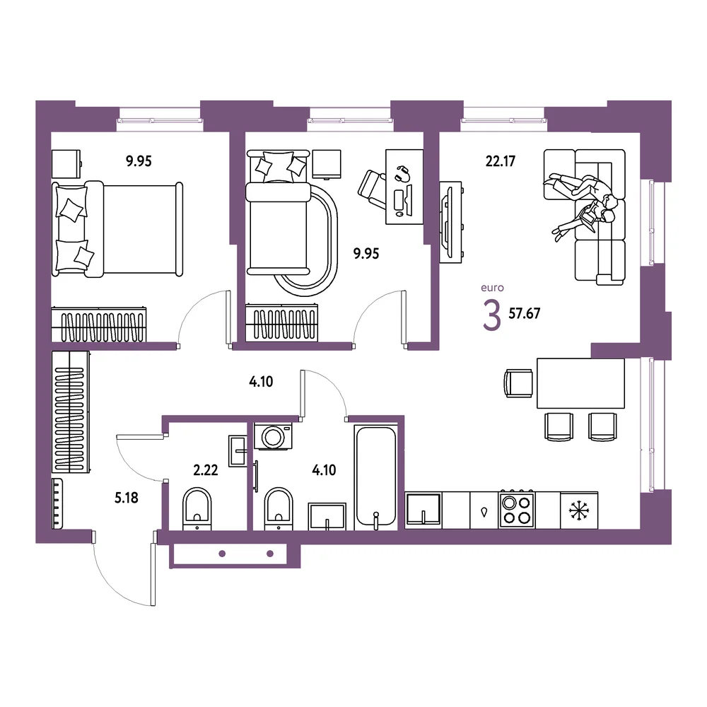 Планировка: Домашний 3-комнатная 57,67м²