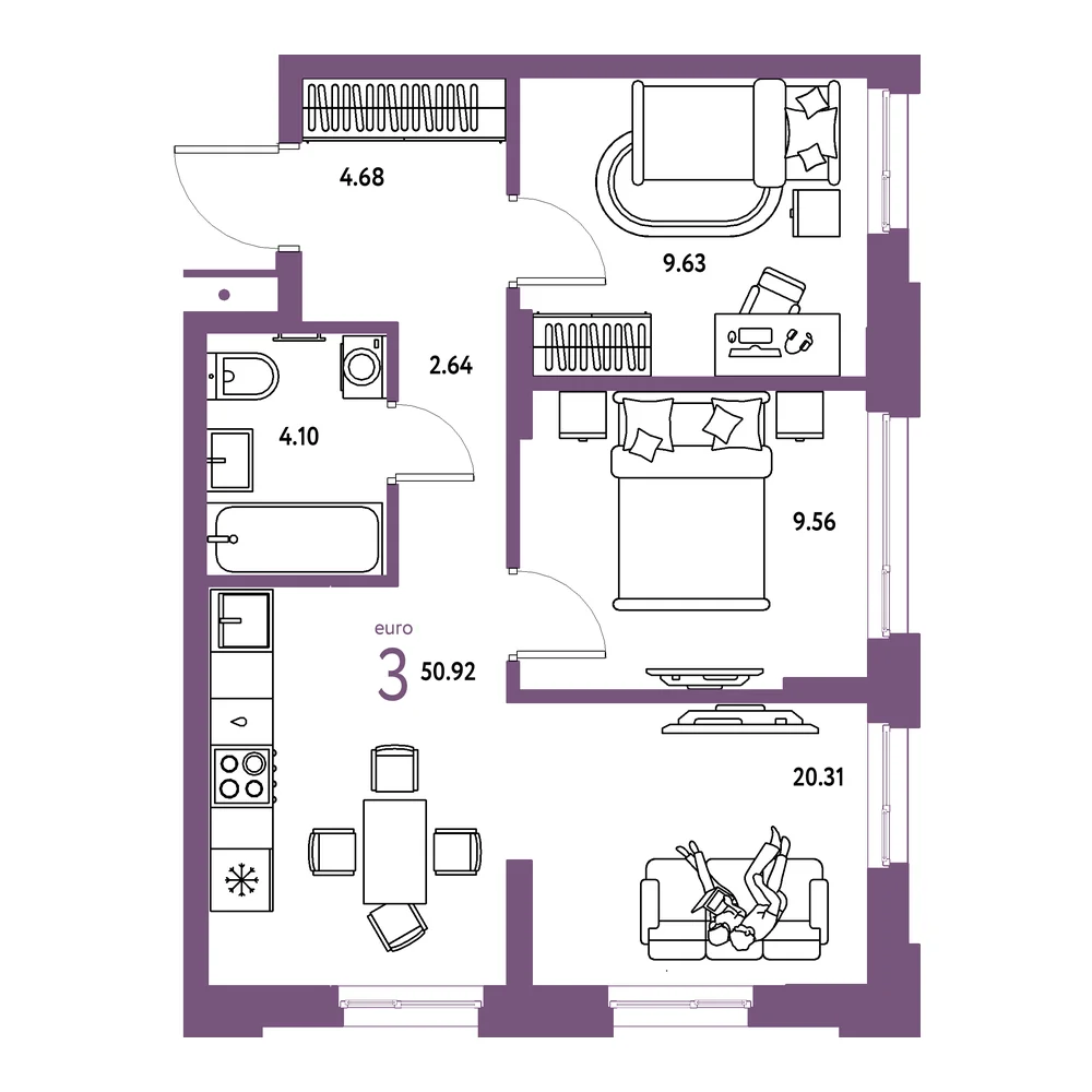 Планировка: Домашний 3-комнатная 50,92м²