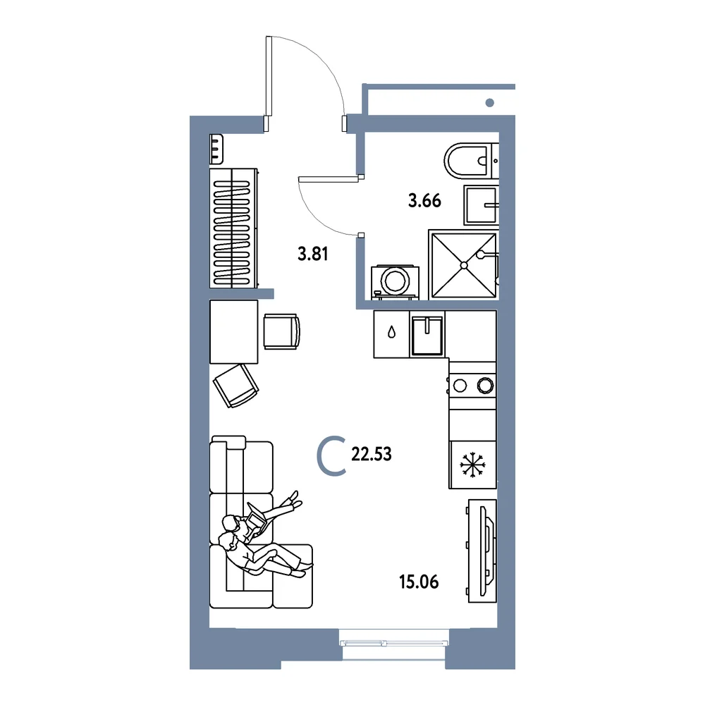 Планировка: Домашний Студия 22,53м²