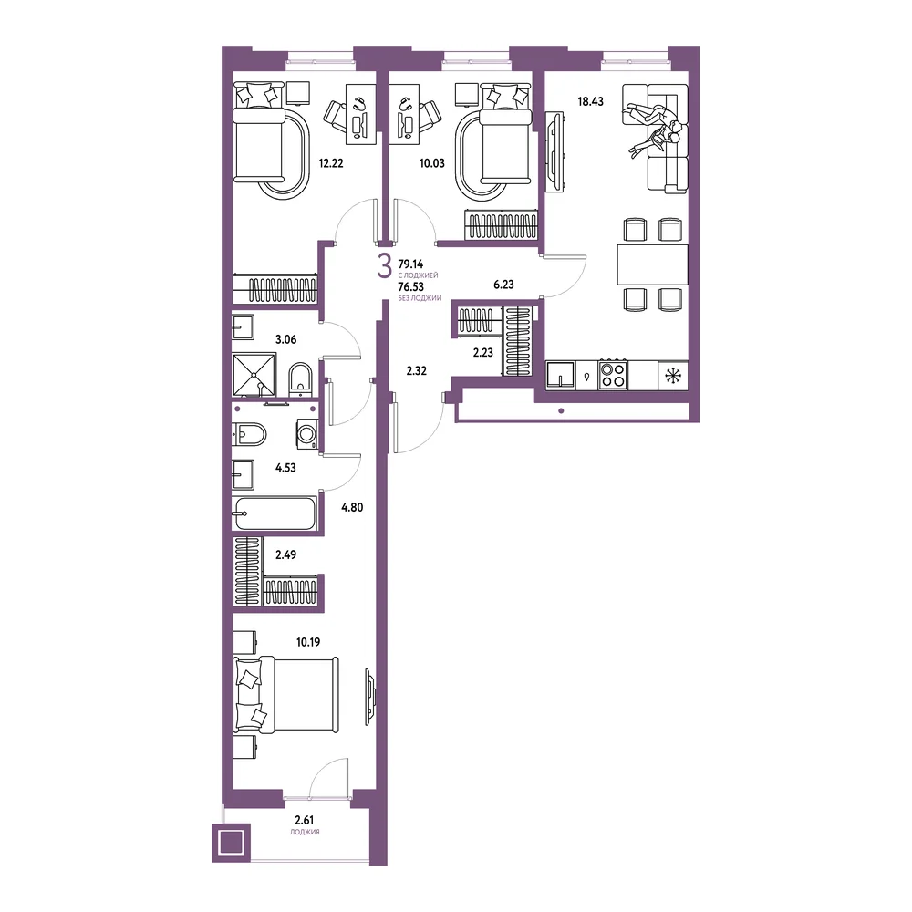 Планировка: Домашний 3-комнатная 79,14м²