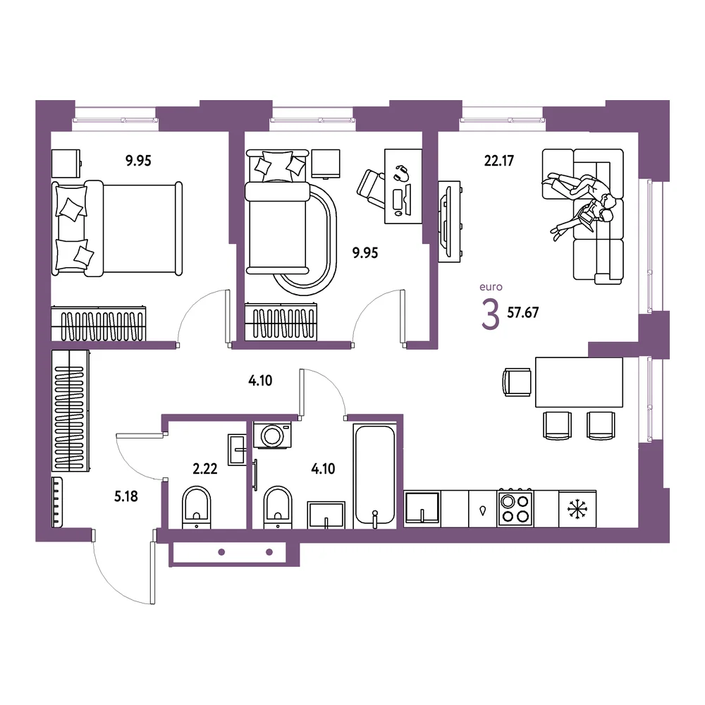 Планировка: Домашний 3-комнатная 57,67м²