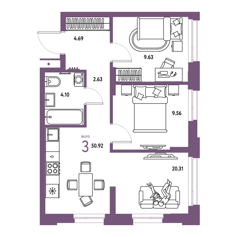 Планировка: Домашний 3-комнатная 50,92м²