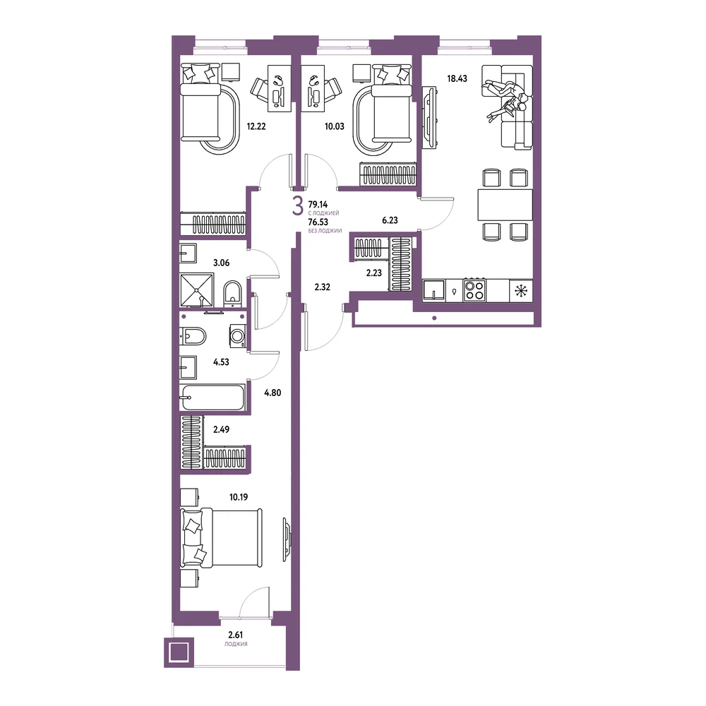 Планировка: Домашний 3-комнатная 79,14м²