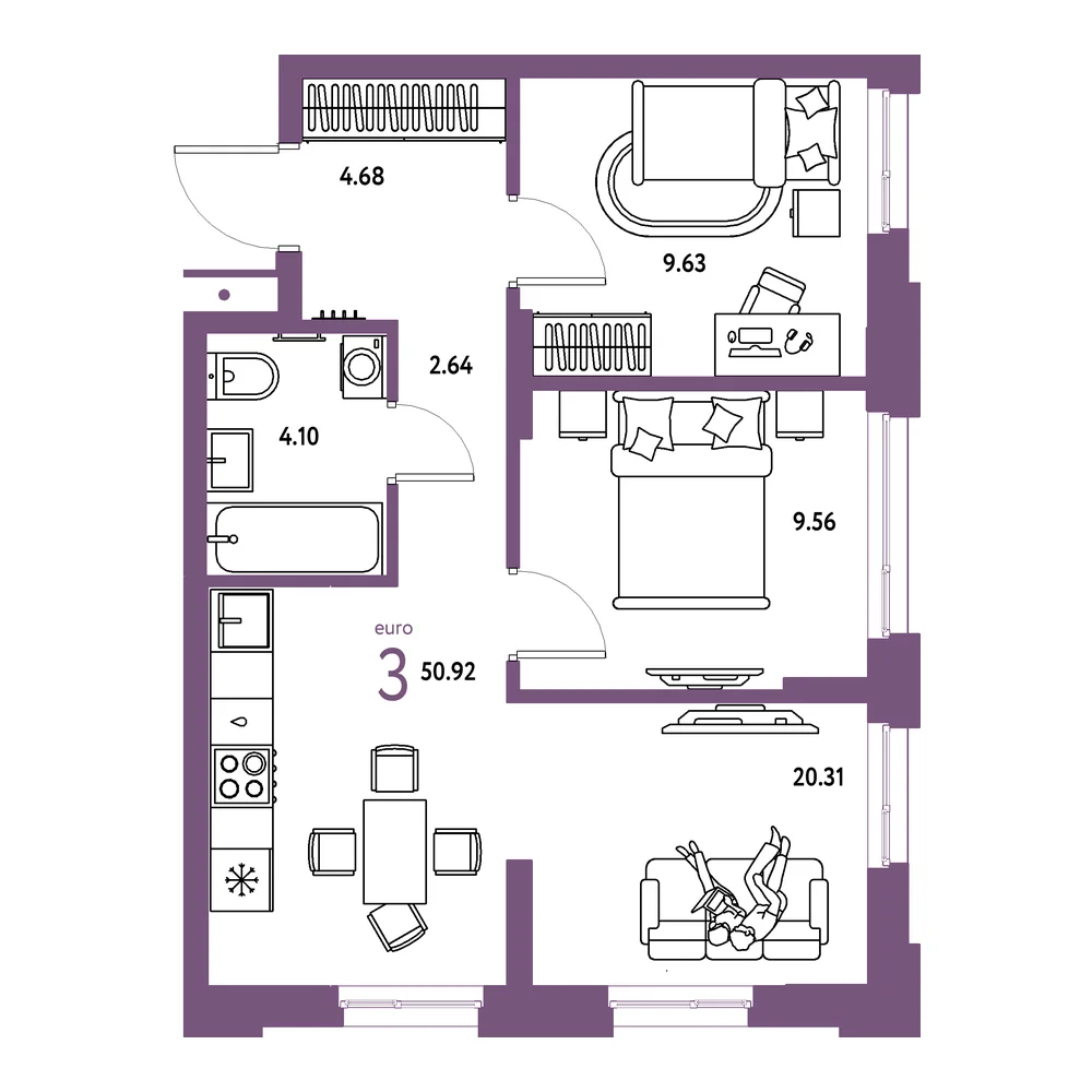 Планировка: Домашний 3-комнатная 50,92м²
