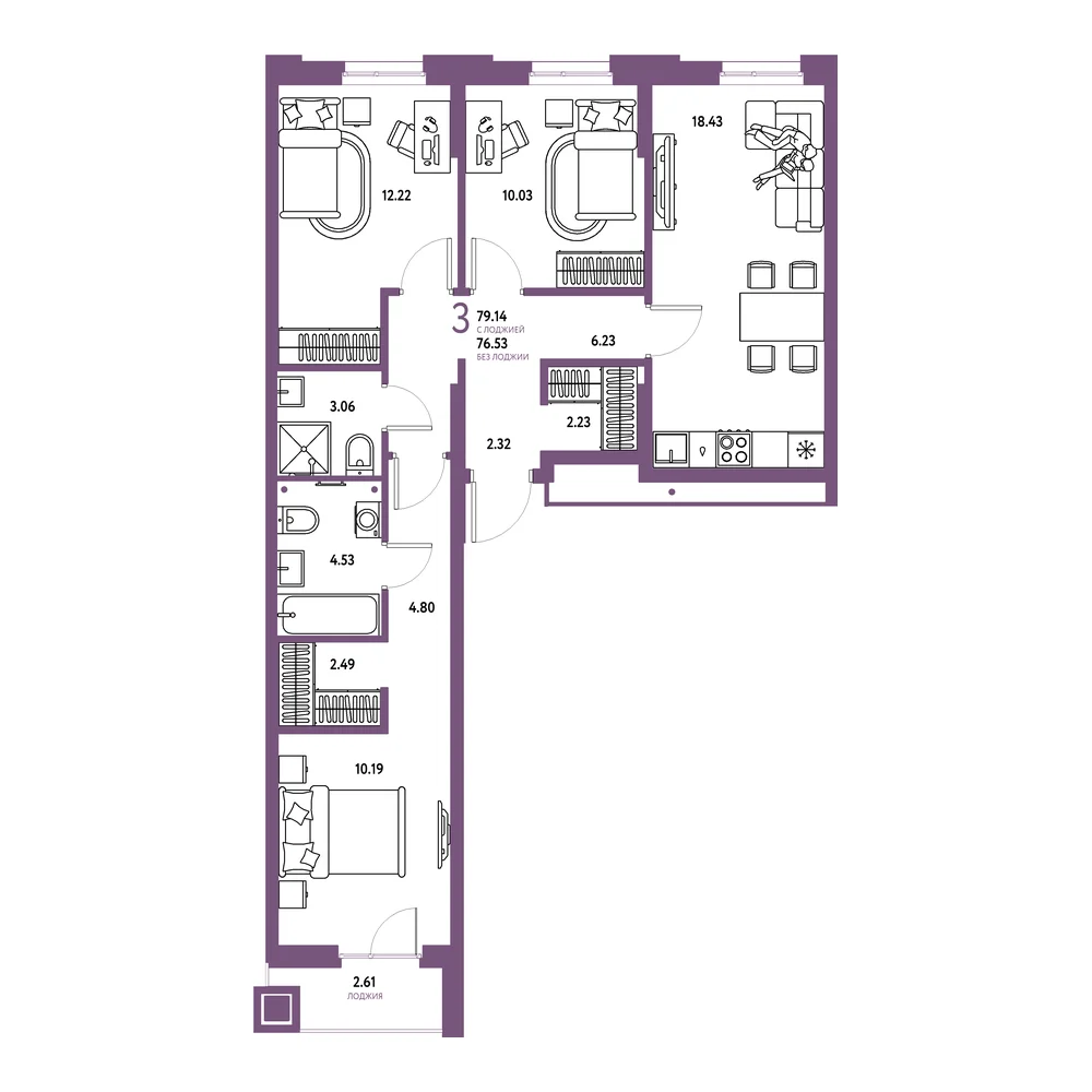 Планировка: Домашний 3-комнатная 79,14м²