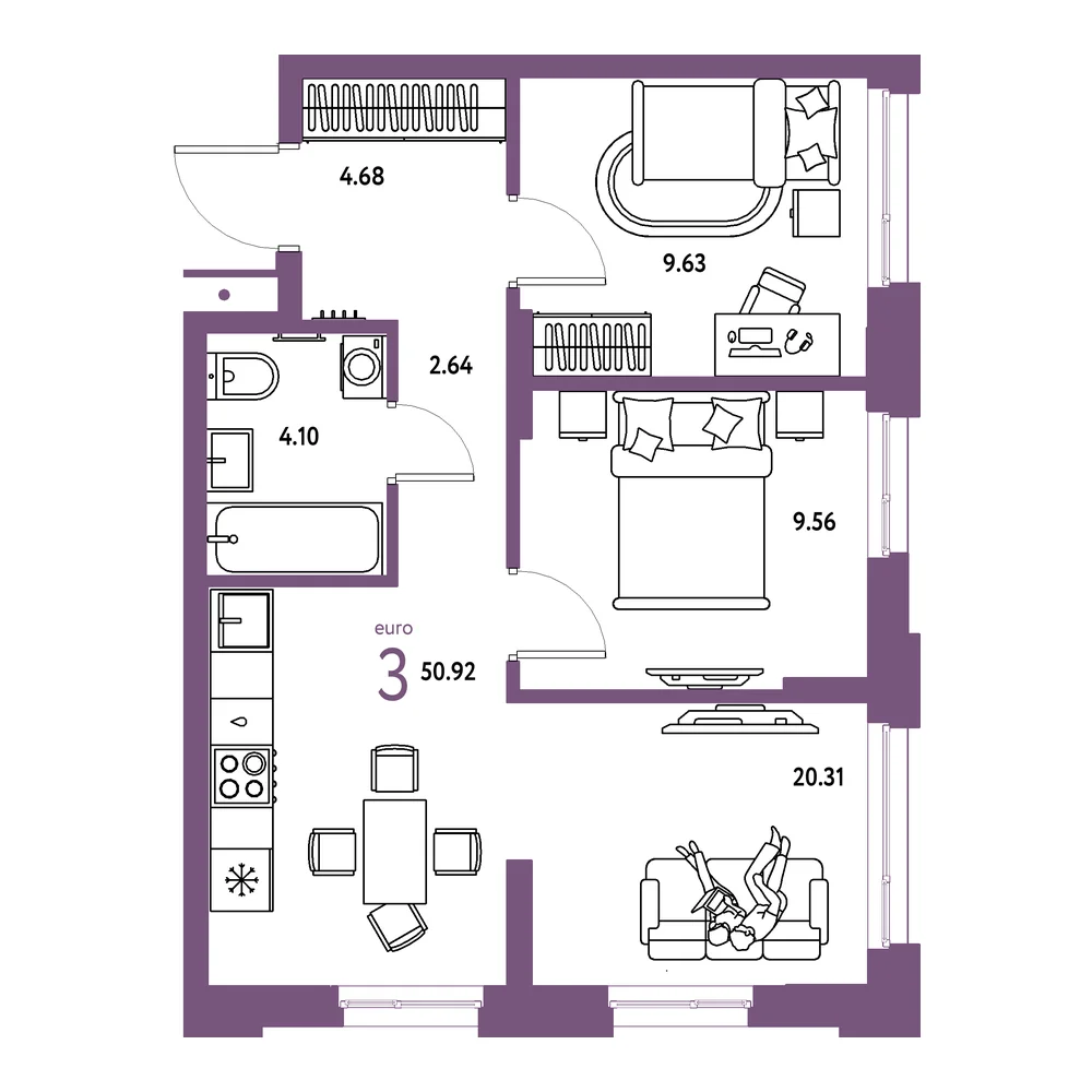 Планировка: Домашний 3-комнатная 50,92м²