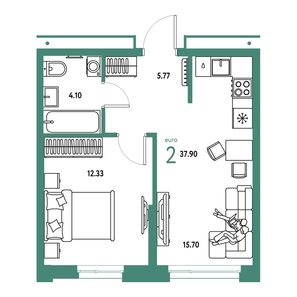Планировка: Домашний 2-комнатная 37,90м²