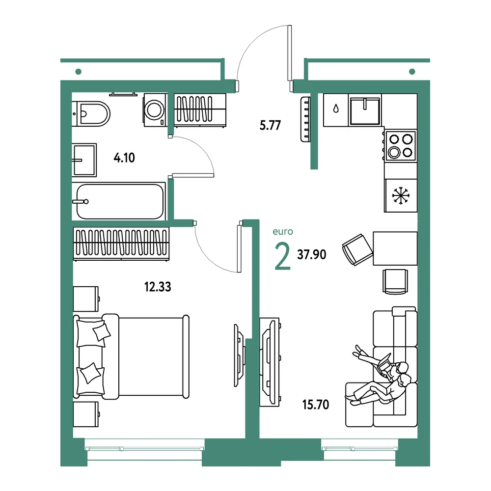 Планировка: Домашний 2-комнатная 37,90м²