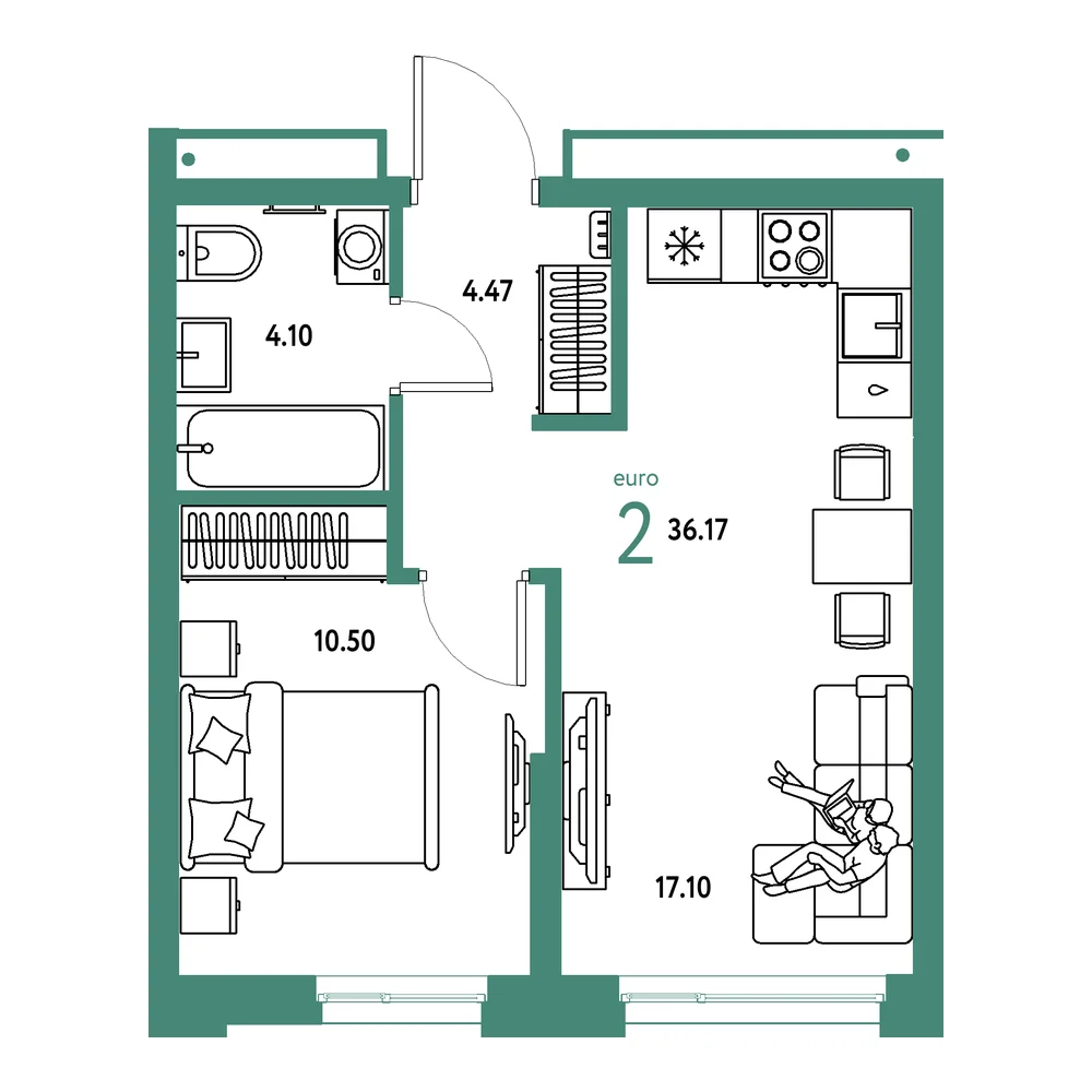 Планировка: Домашний 2-комнатная 36,17м²
