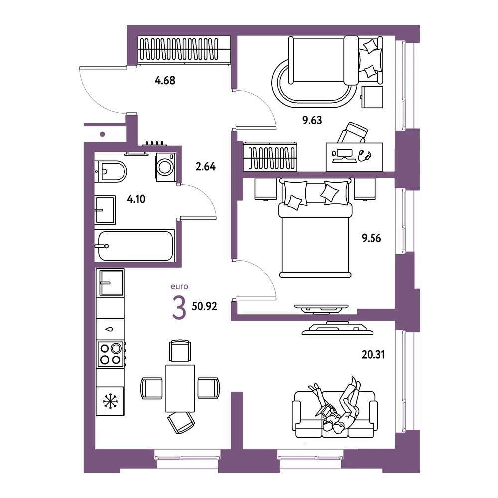 Планировка: Домашний 3-комнатная 50,92м²
