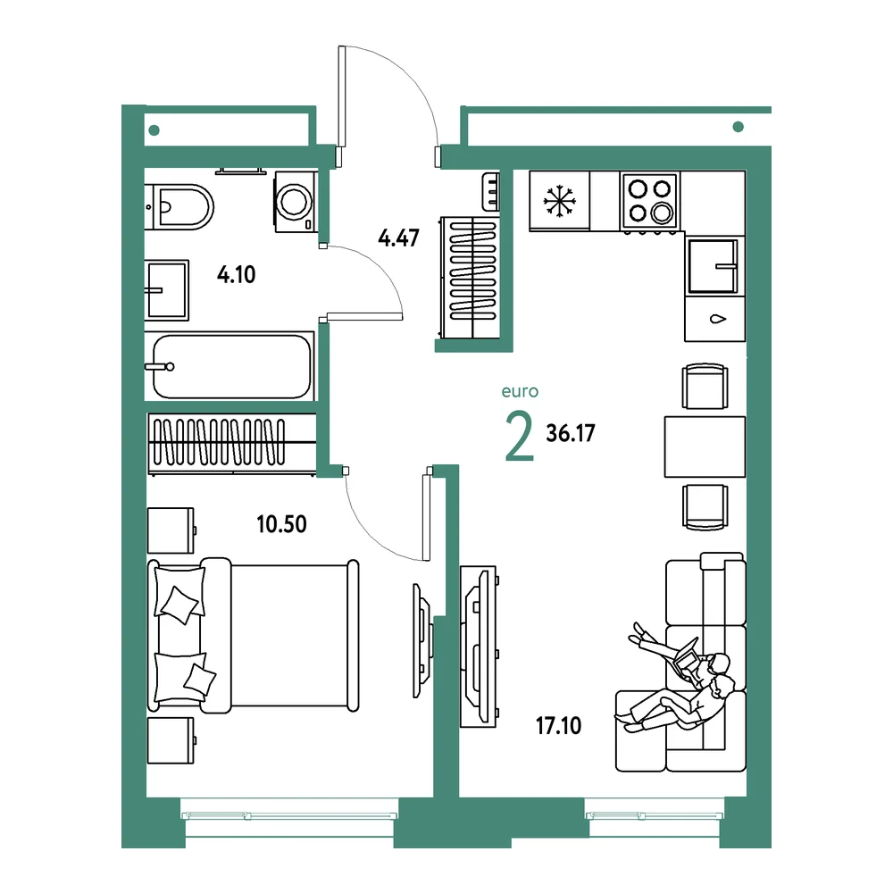 Планировка: Домашний 2-комнатная 36,17м²