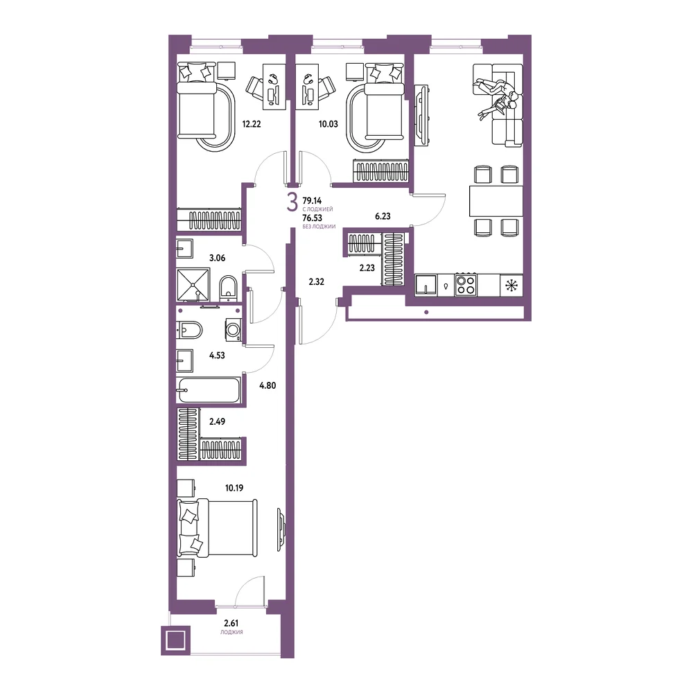 Планировка: Домашний 3-комнатная 79,14м²