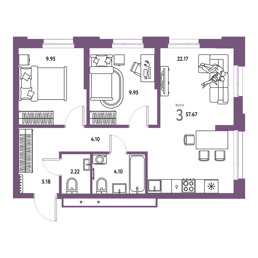Планировка: Домашний 3-комнатная 57,67м²