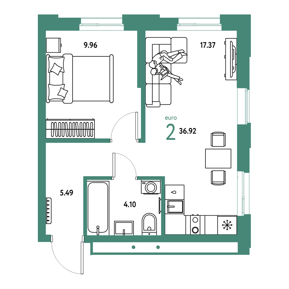 Планировка: Домашний 2-комнатная 36,92м²