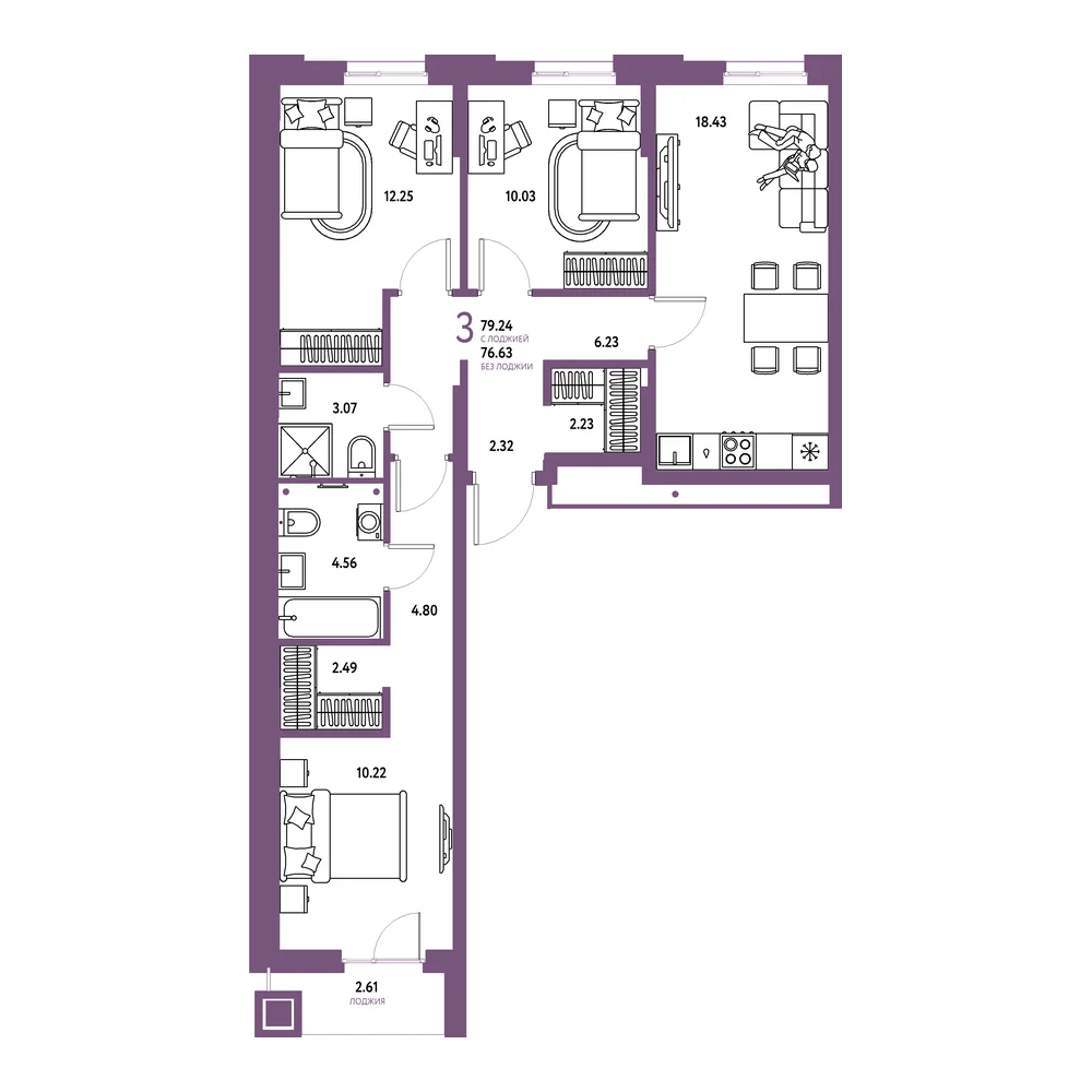 Планировка: Домашний 3-комнатная 79,24м²