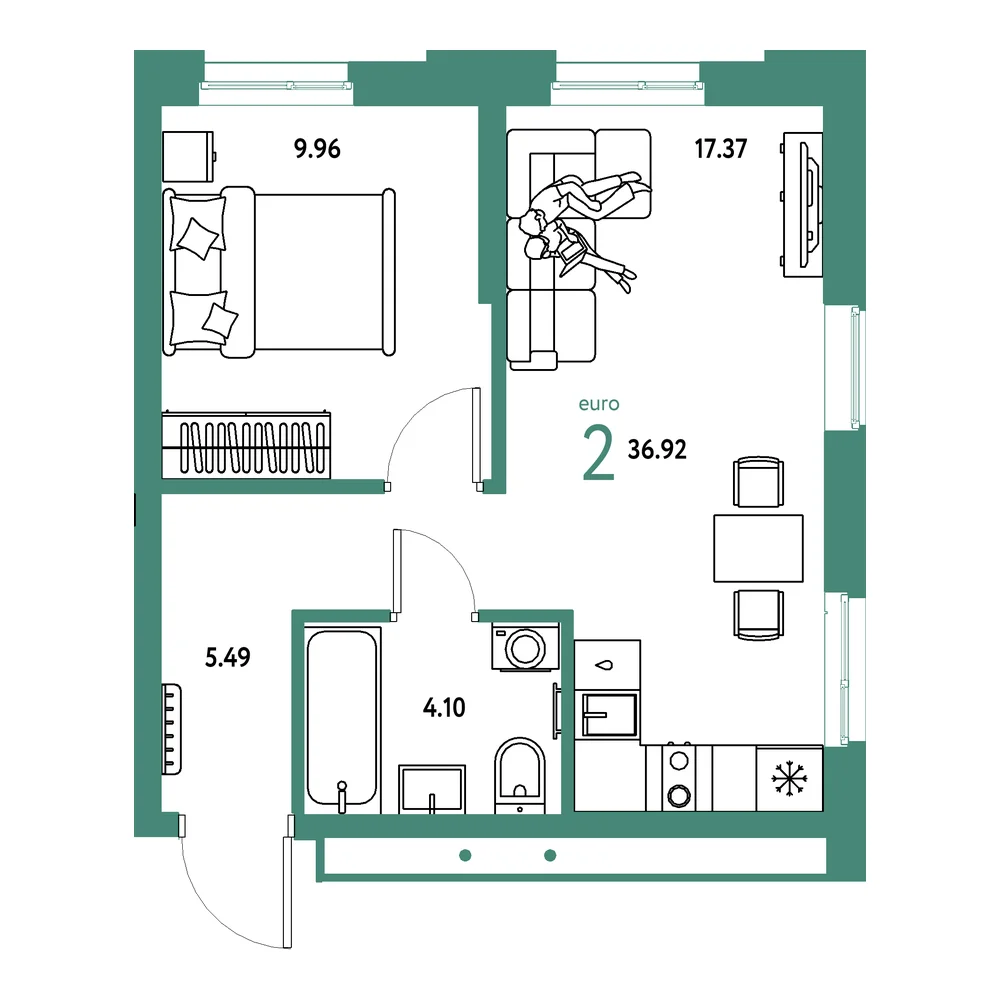 Планировка: Домашний 2-комнатная 36,92м²