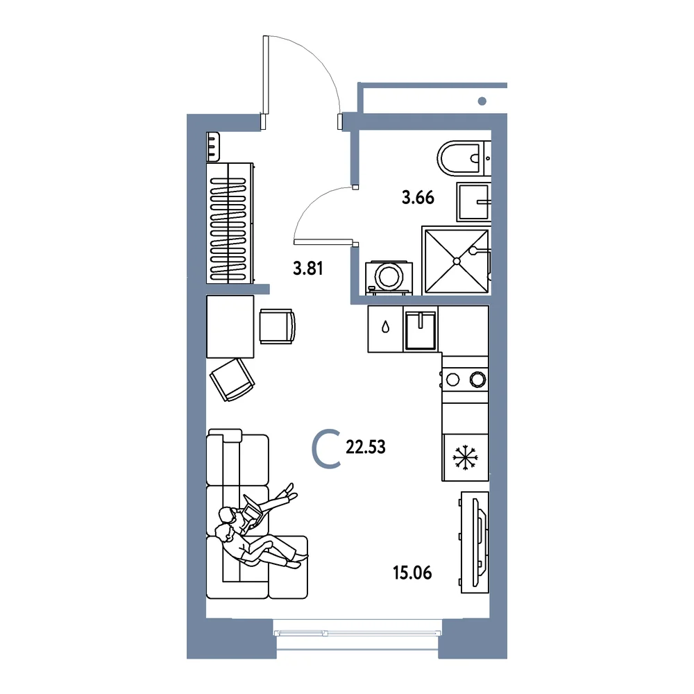 Планировка: Домашний Студия 22,53м²