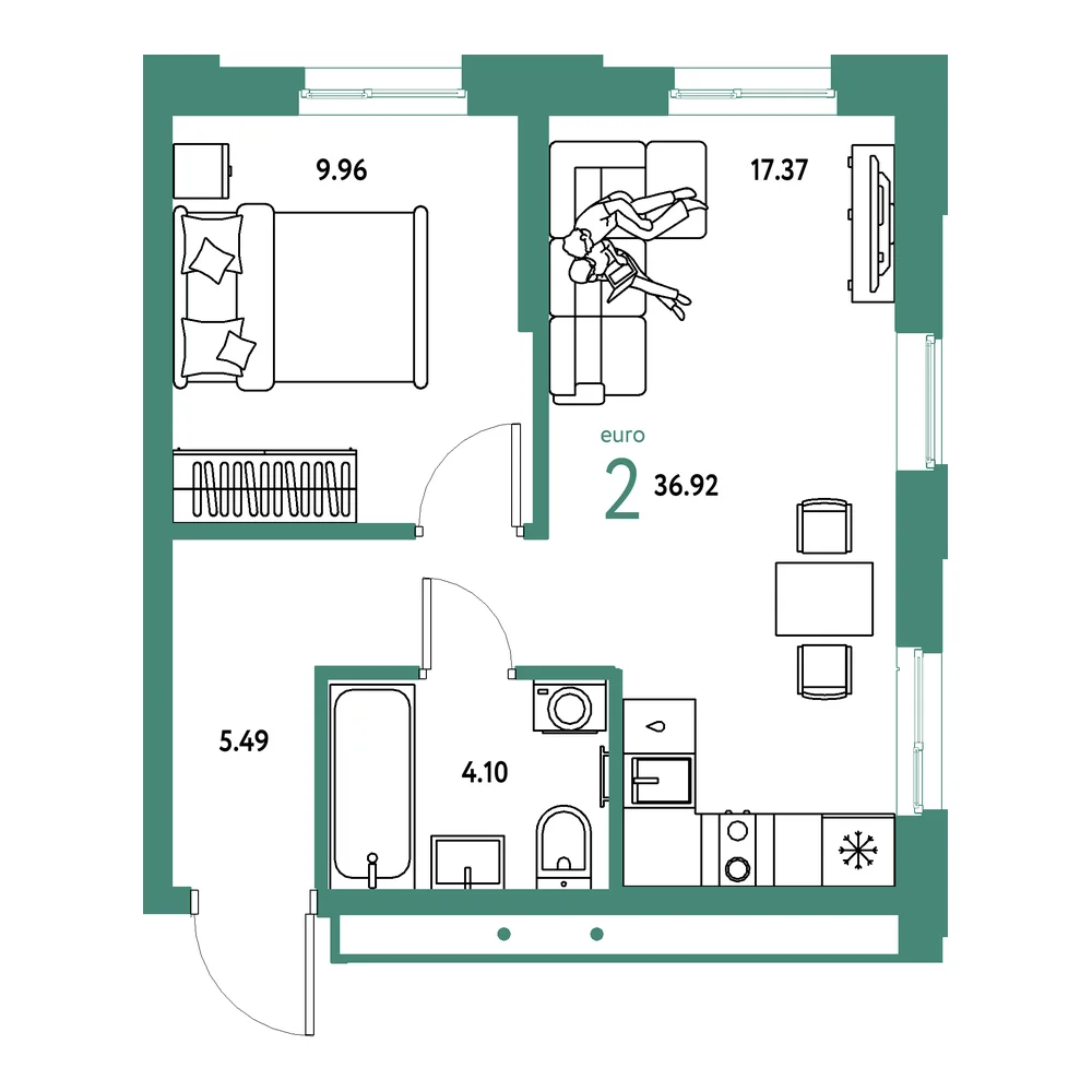 Планировка: Домашний 2-комнатная 36,92м²