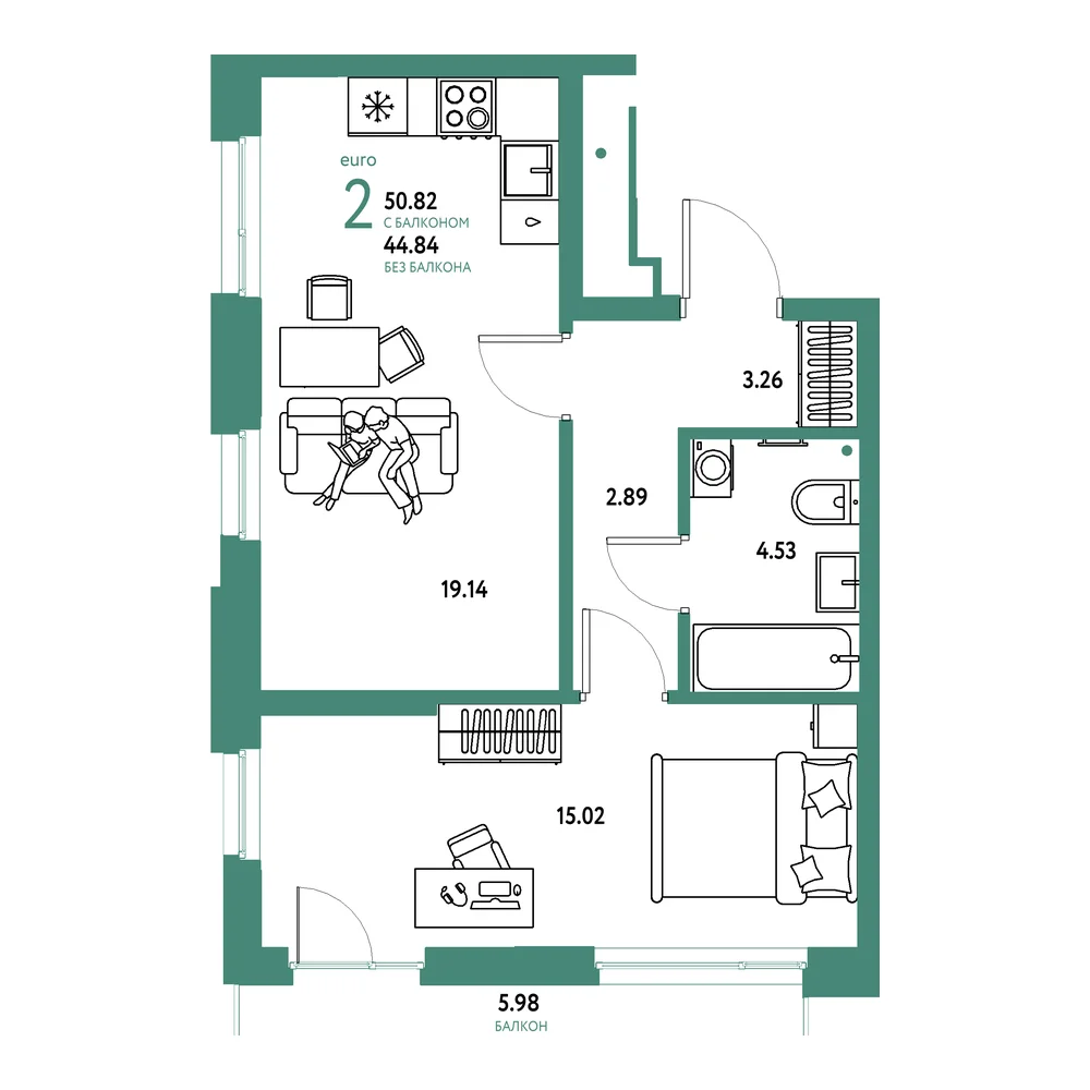 Планировка: Домашний 2-комнатная 50,82м²