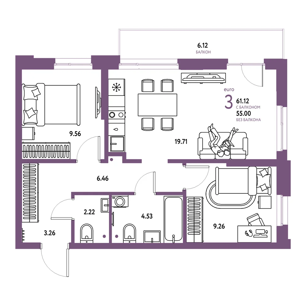 Планировка: Домашний 3-комнатная 61,12м²