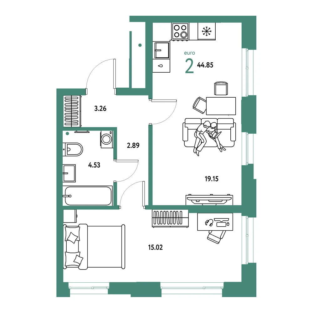 Планировка: Домашний 2-комнатная 44,85м²