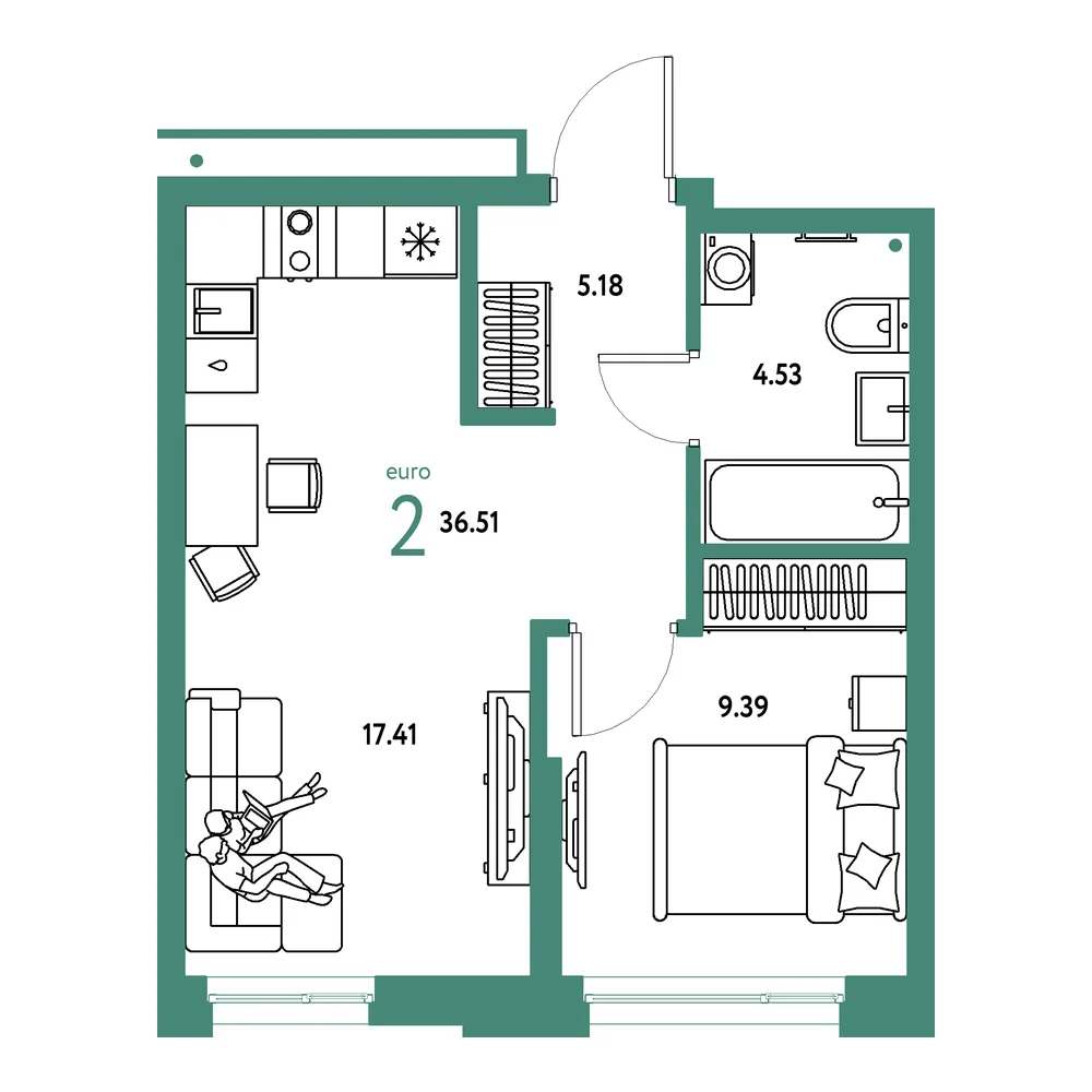 Планировка: Домашний 2-комнатная 36,51м²