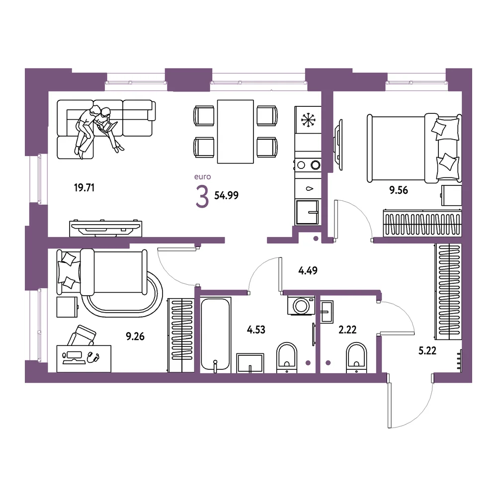 Планировка: Домашний 3-комнатная 54,99м²