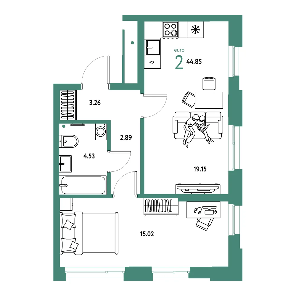 Планировка: Домашний 2-комнатная 44,85м²