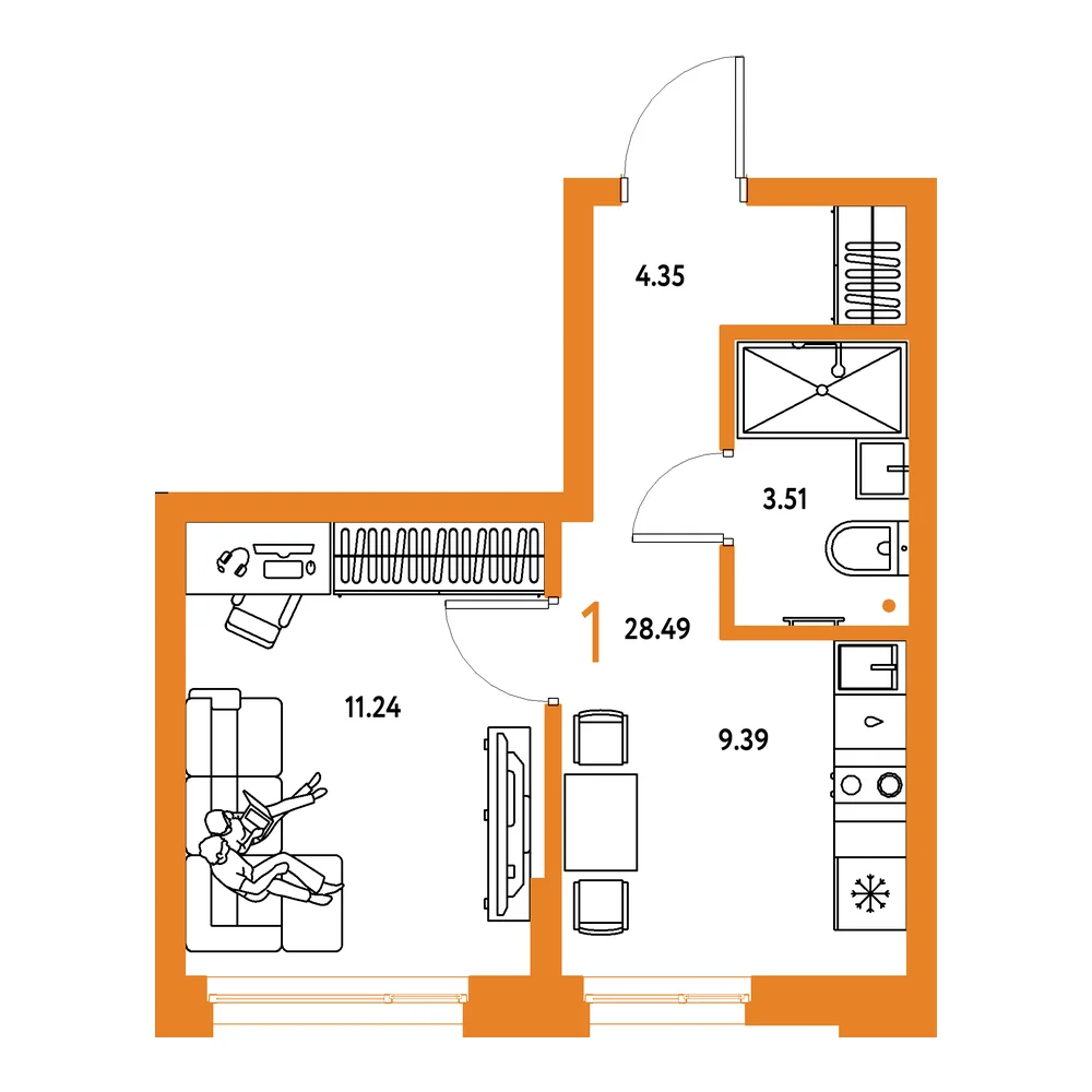 Планировка: Домашний 1-комнатная 28,49м²