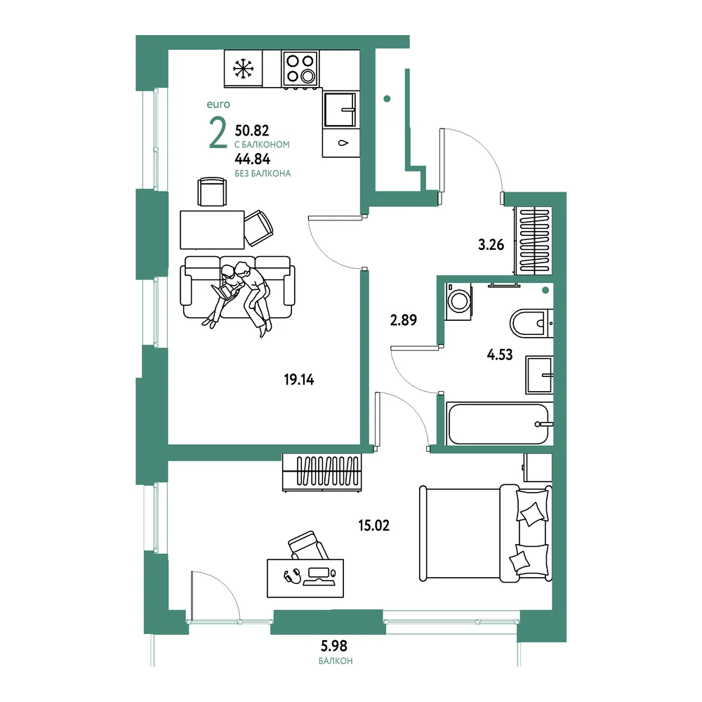 Планировка: Домашний 2-комнатная 50,82м²
