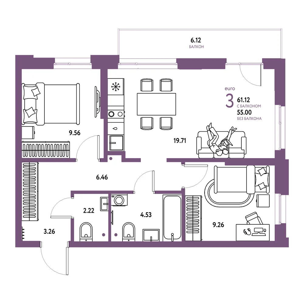 Планировка: Домашний 3-комнатная 61,12м²