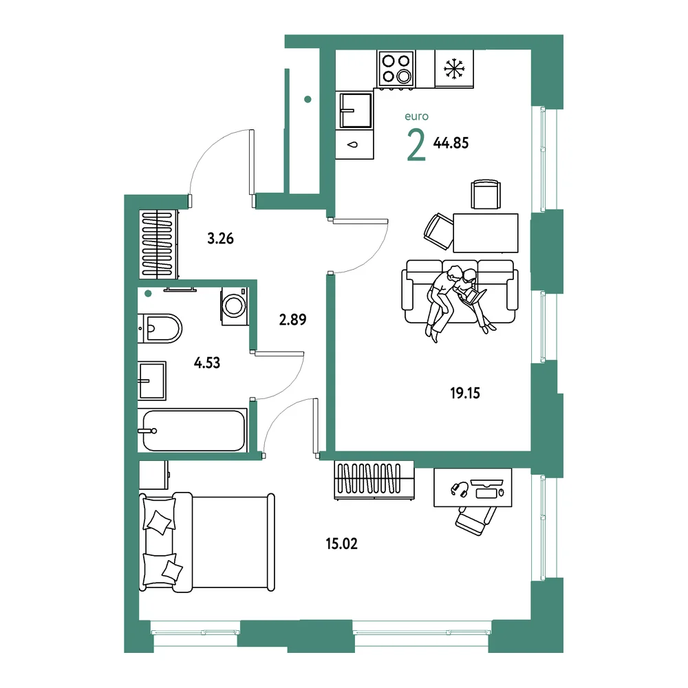 Планировка: Домашний 2-комнатная 44,85м²