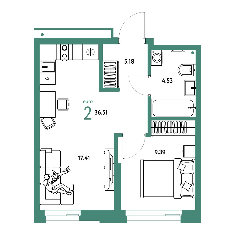 Планировка: Домашний 2-комнатная 36,51м²