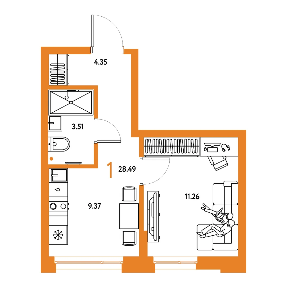 Планировка: Домашний 1-комнатная 28,49м²