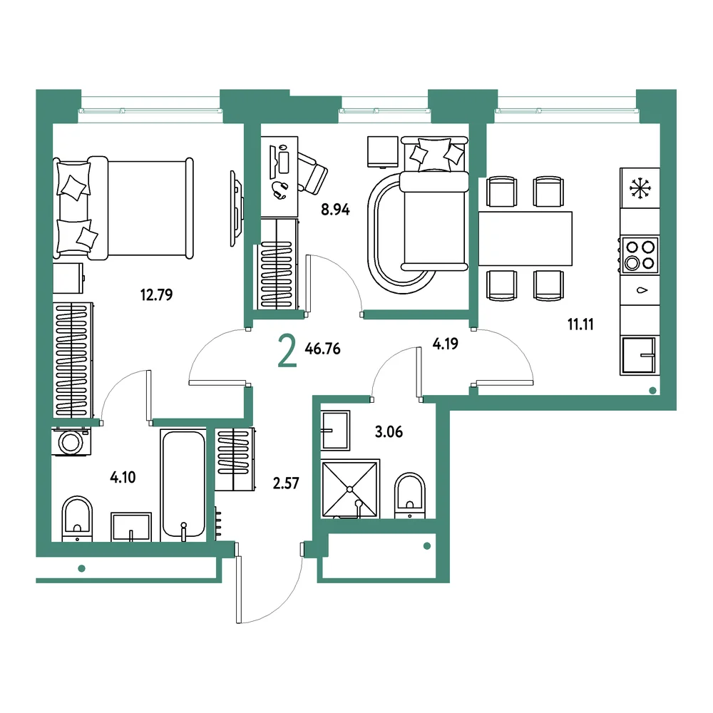 Планировка: Домашний 2-комнатная 46,76м²