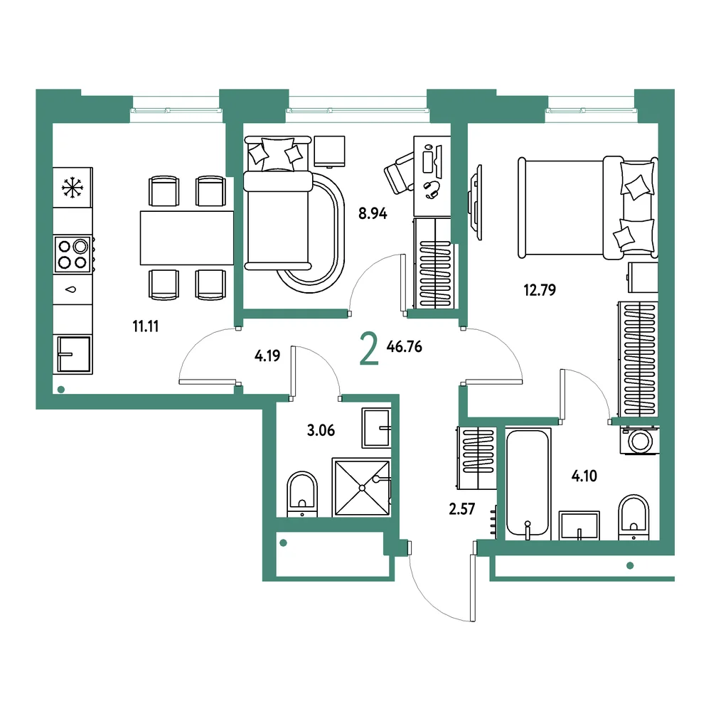 Планировка: Домашний 2-комнатная 46,76м²