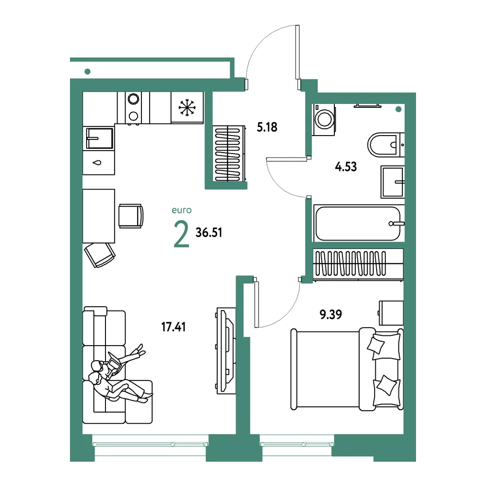 Планировка: Домашний 2-комнатная 36,51м²
