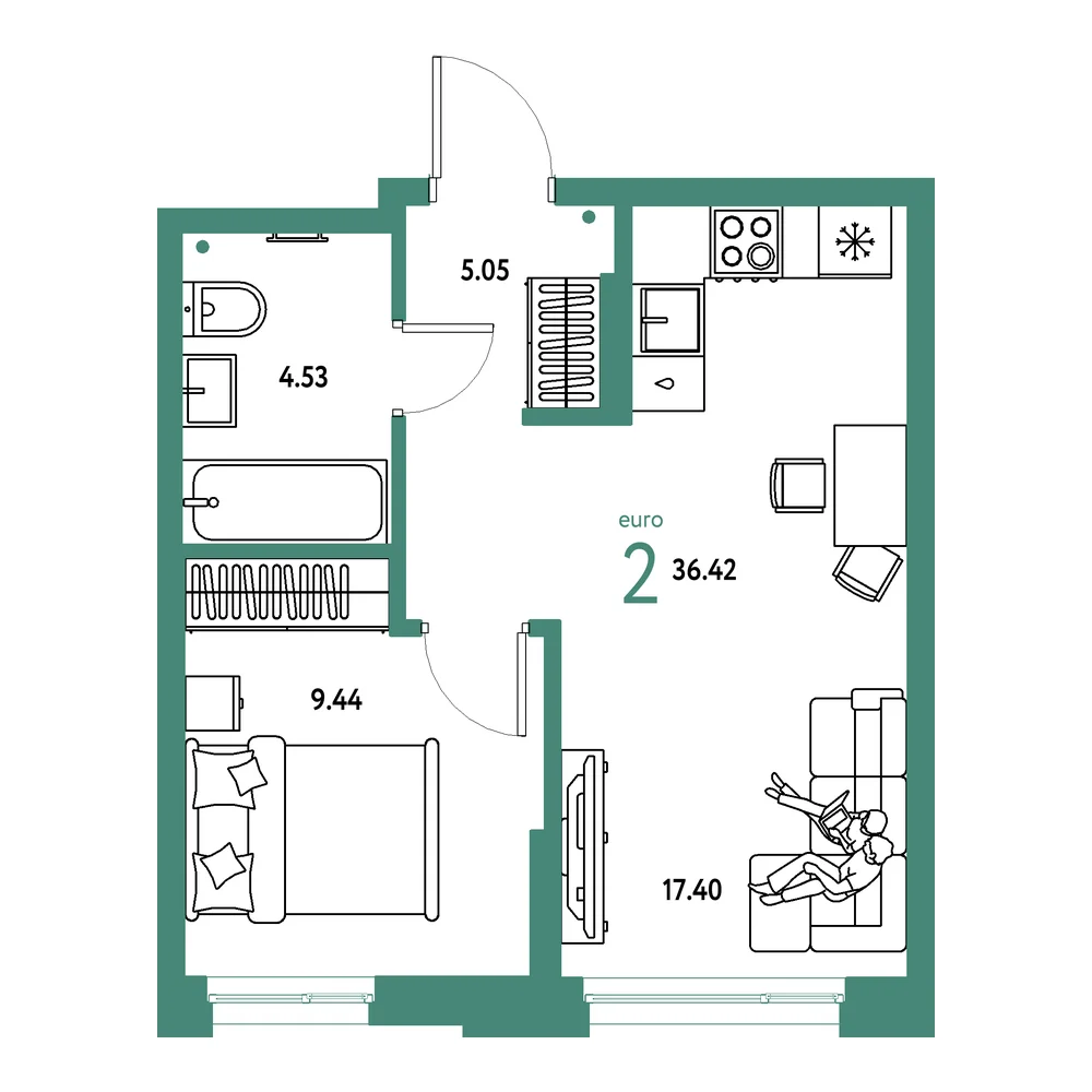 Планировка: Домашний 2-комнатная 36,42м²