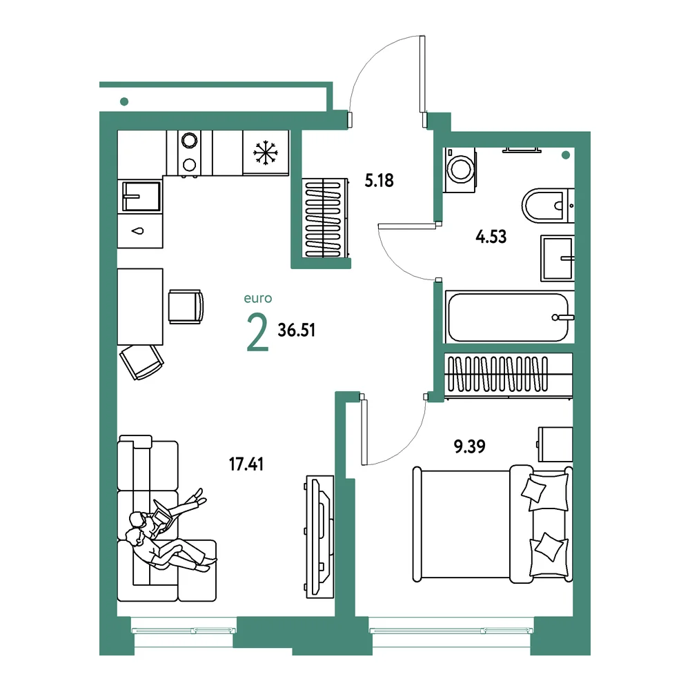 Планировка: Домашний 2-комнатная 36,51м²