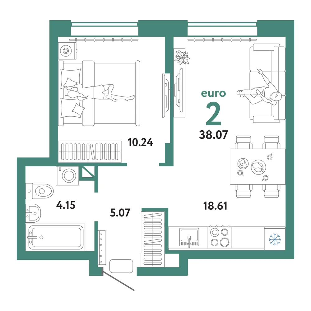 Планировка: Домашний 2-комнатная 38,07м²