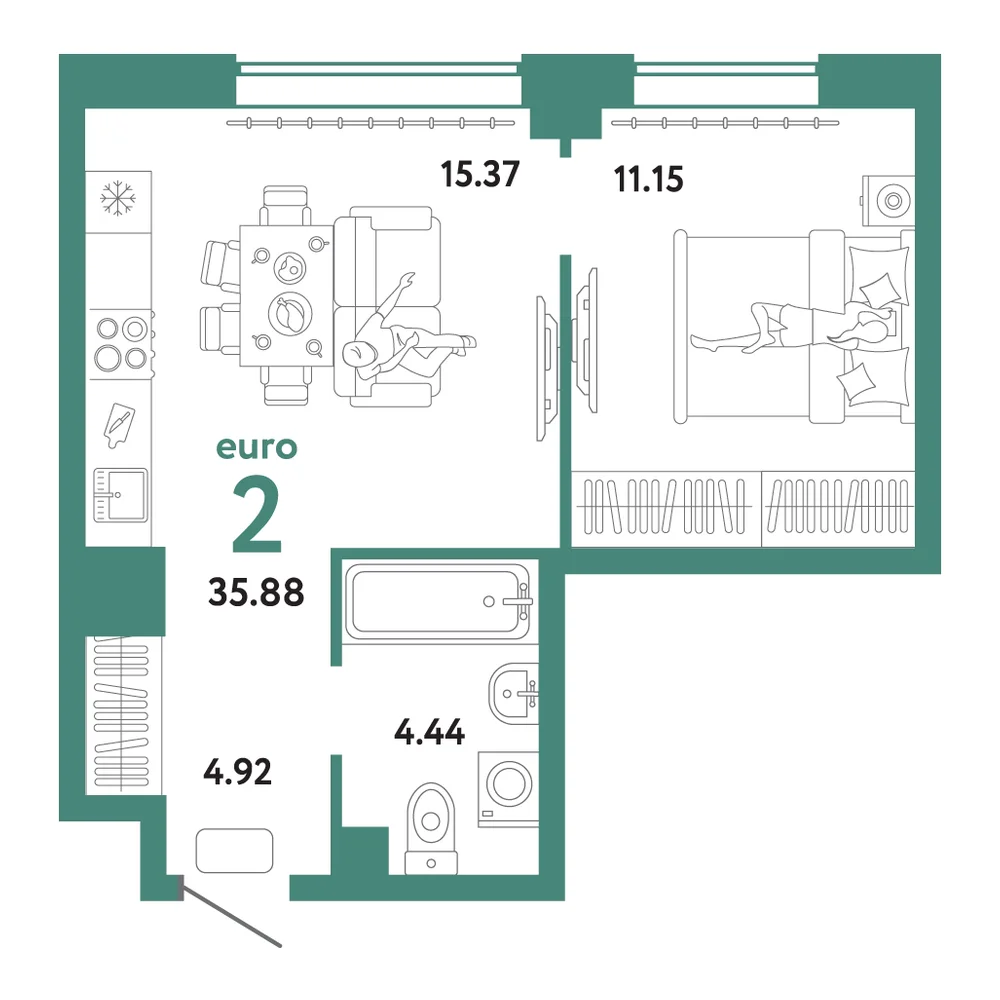 Планировка: Домашний 2-комнатная 35,88м²