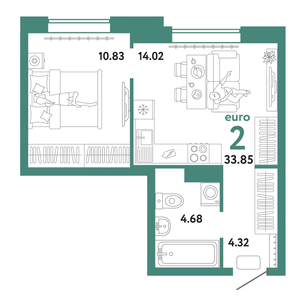 Планировка: Домашний 2-комнатная 33,79м²